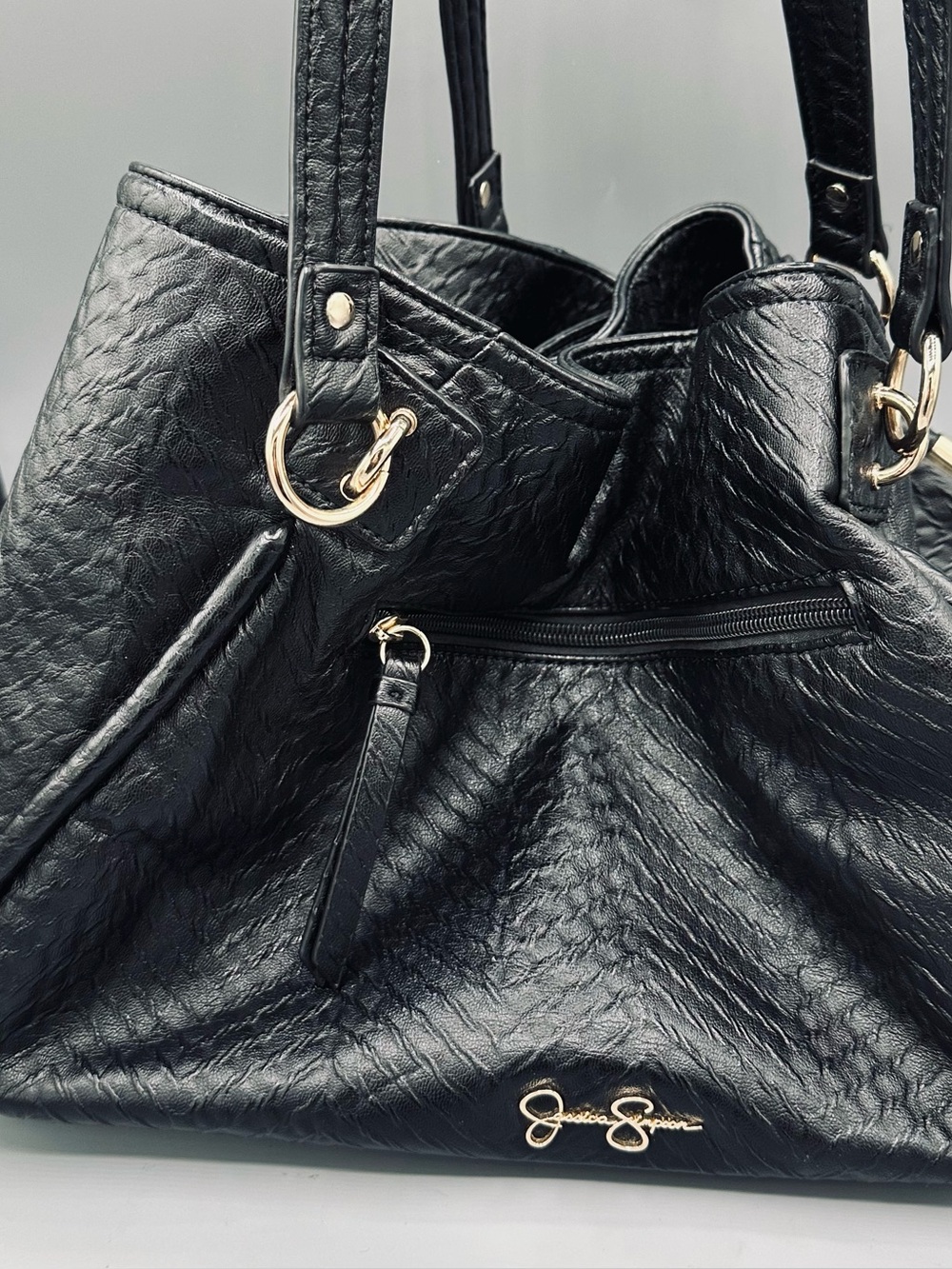 Jessica Simpson Black Faux Leather Slouchy Shoulder Tote Bag Gold Tone Hardware